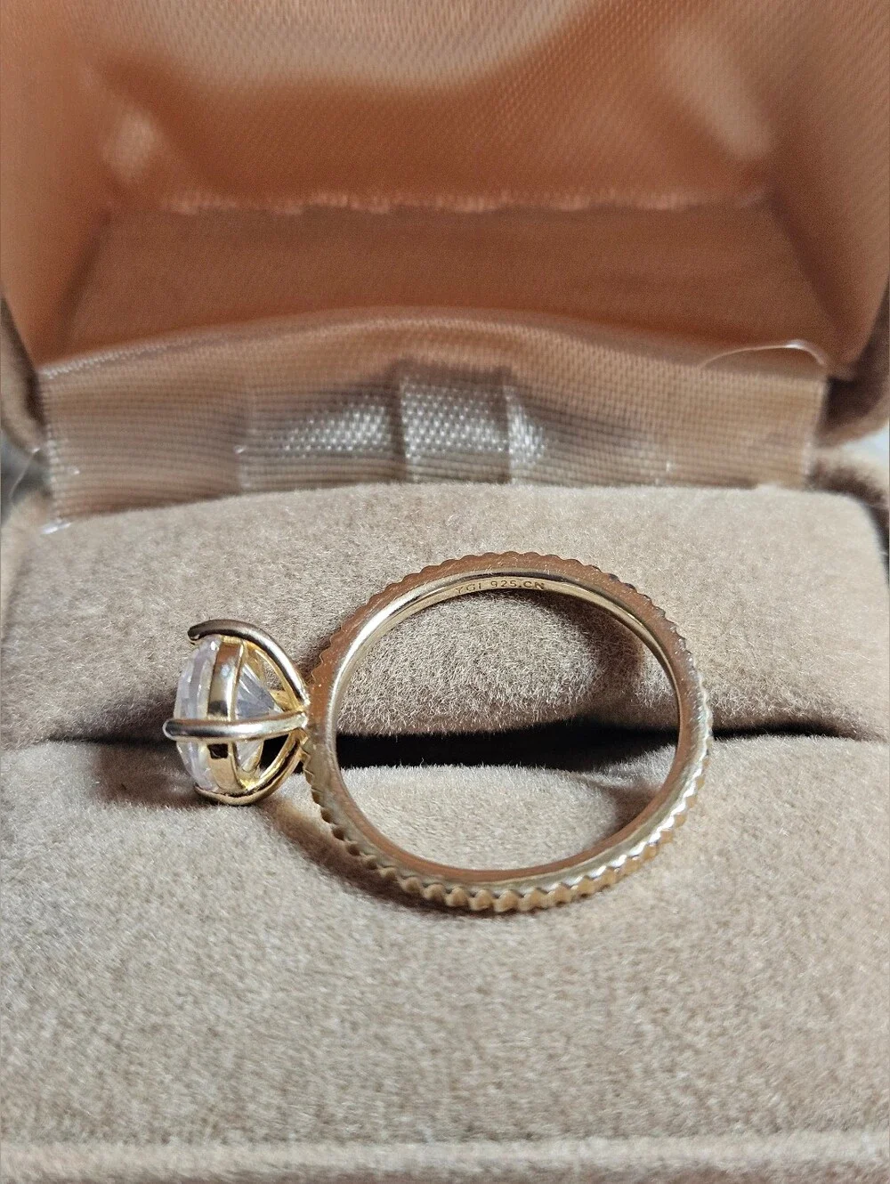 Classic Gold Tone Solitaire Ring with Clear Stone Sterling Silver Size 7